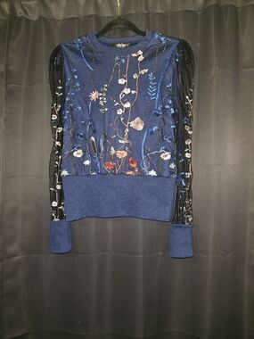 ChicMe Blue Floral Embroidered Mesh Sheer Blouse Top Size S